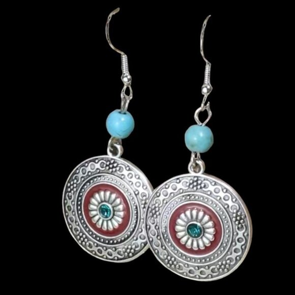 Boho Western Chic Dangle Drop Earrings Pierced Antique Silver Red Turquoise - Picture 2 of 16